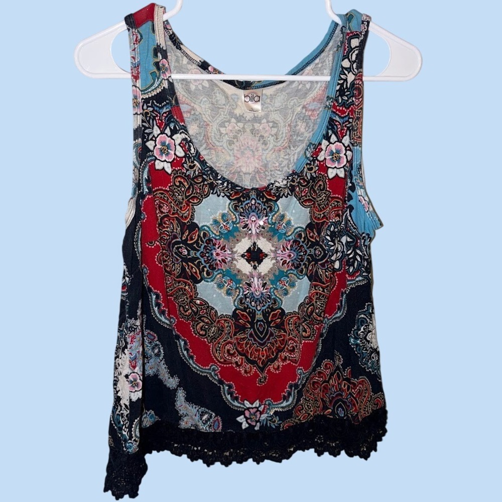 Bila Women Blue Paisley Floral Embroidered Sparkle Tie Neck Boho Blouse Large